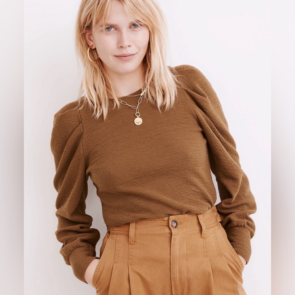 Madewell Pleated Statement Sleeve Top - OLIVE GREEN - Small